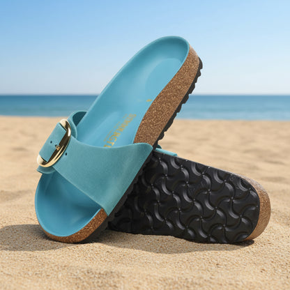 🍒Womens genuine Leather Flat Sandals buckle sliders genuine cow hide slip ons quality summer sandals  Holiday Vibe Slide