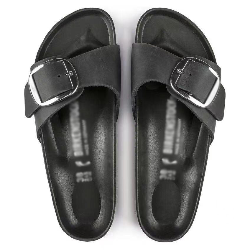 🍒Womens genuine Leather Flat Sandals buckle sliders genuine cow hide slip ons quality summer sandals  Holiday Vibe Slide