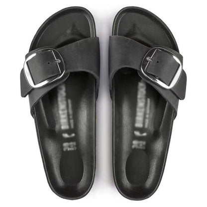 🍒Womens genuine Leather Flat Sandals buckle sliders genuine cow hide slip ons quality summer sandals  Holiday Vibe Slide