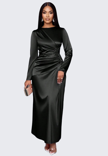 🍒Premium satin dress for occasion women wear fashion fitted evening wear a-symmetric outfit long sleeve Slide Into Silky