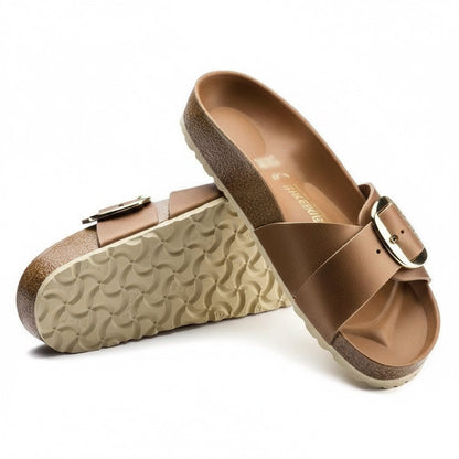 🍒Womens genuine Leather Flat Sandals buckle sliders genuine cow hide slip ons quality summer sandals  Holiday Vibe Slide
