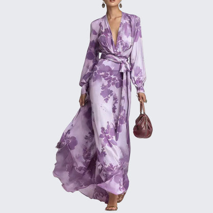 🍒Floral Print Chiffon dress long sleeve maxi dress for occasion wear with v-neck puff sleeve outfits holiday wear women Don’t be a FOOL grab this RASPBERRY soon