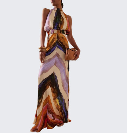 🍒Womens sleeveless printed maxi dress occasion wear fashion holiday wear multi colour outfit for summer fitted waist clothing Chevron Chic